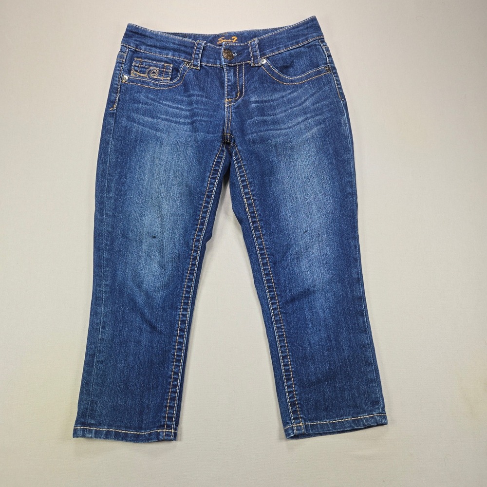 Seven7 Capri Jeans Dark Wash Stretch Embroidered Denim Blue Womens Size 6